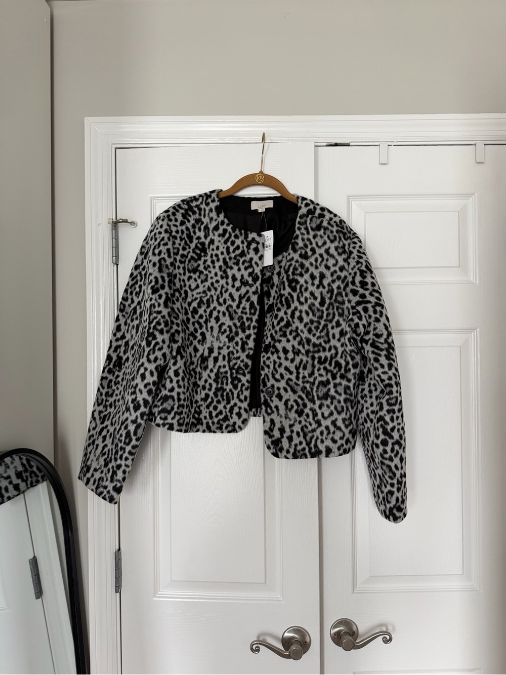 Loft Womens Black & Gray Leopard Print Faux Fur Jacket